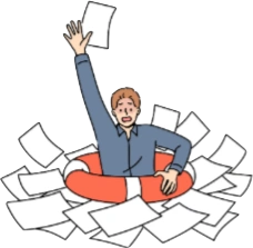 Illustration of a teacher overwhelmed by academic paperwork